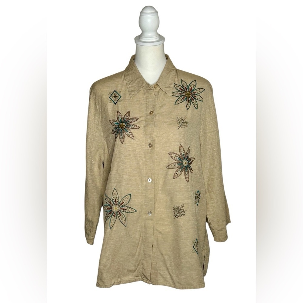 Alfred Dunner Cano San Lucas Beige 100% Silk floral embroidered EUC Sz 16 boho